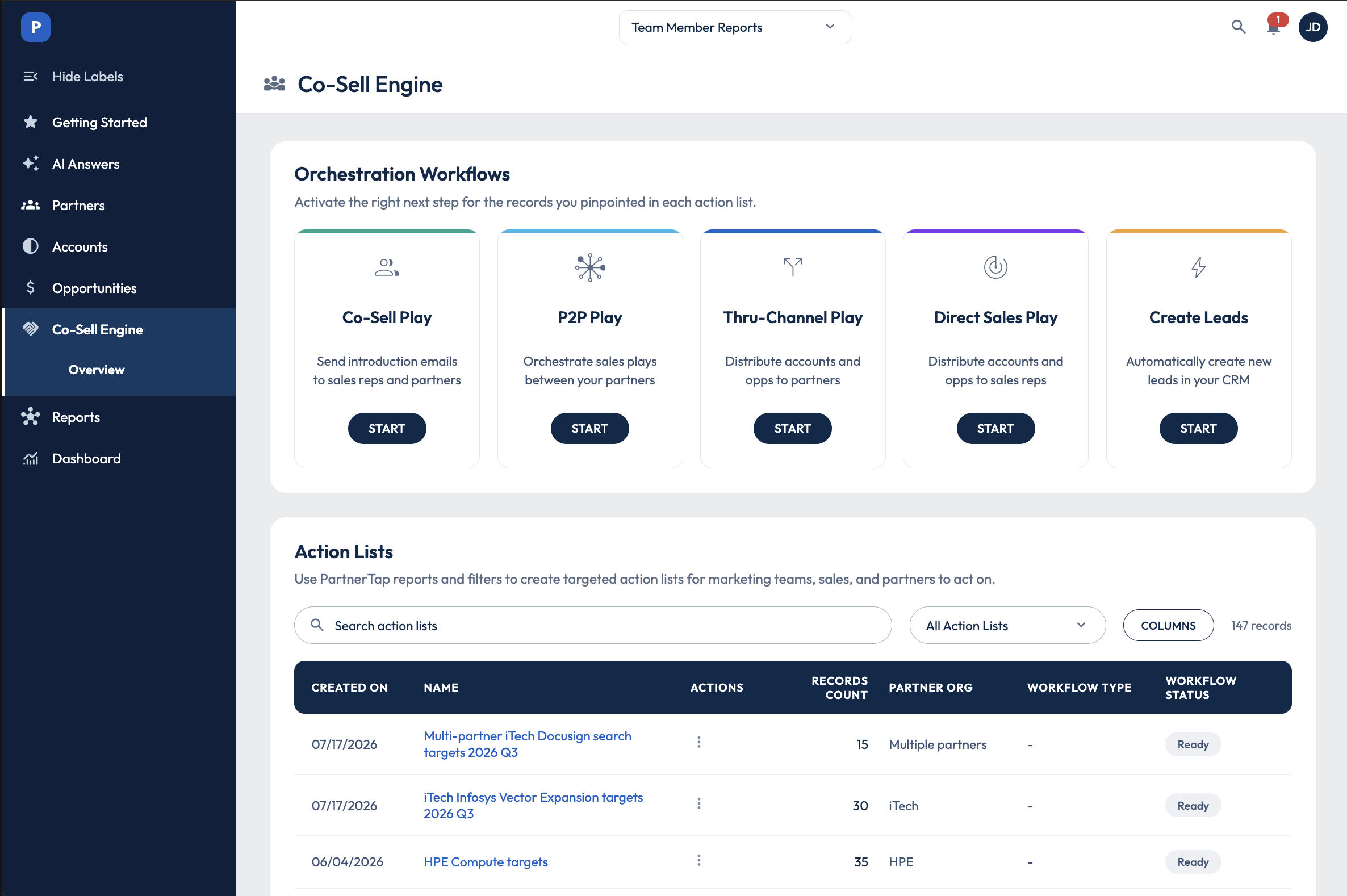 PartnerTap co-sell engine launching an automated sales play across partner reps