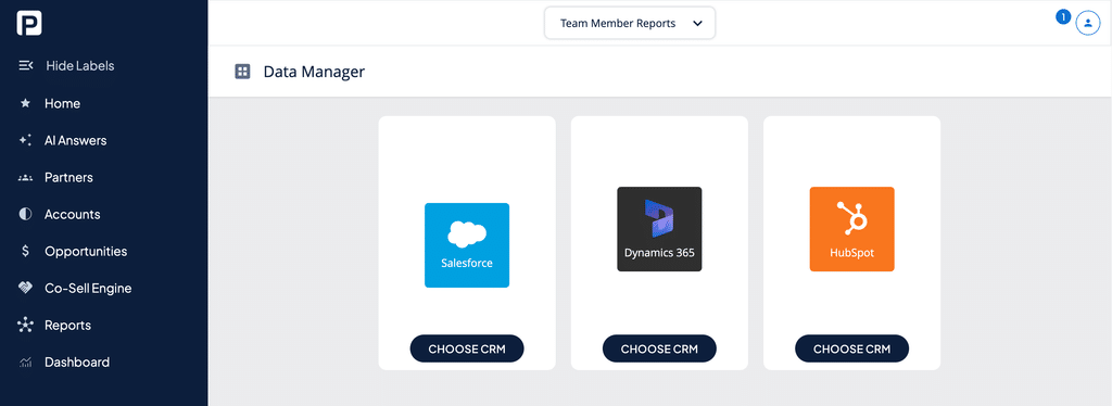 PartnerTap Connect CRM screen with Salesforce selected