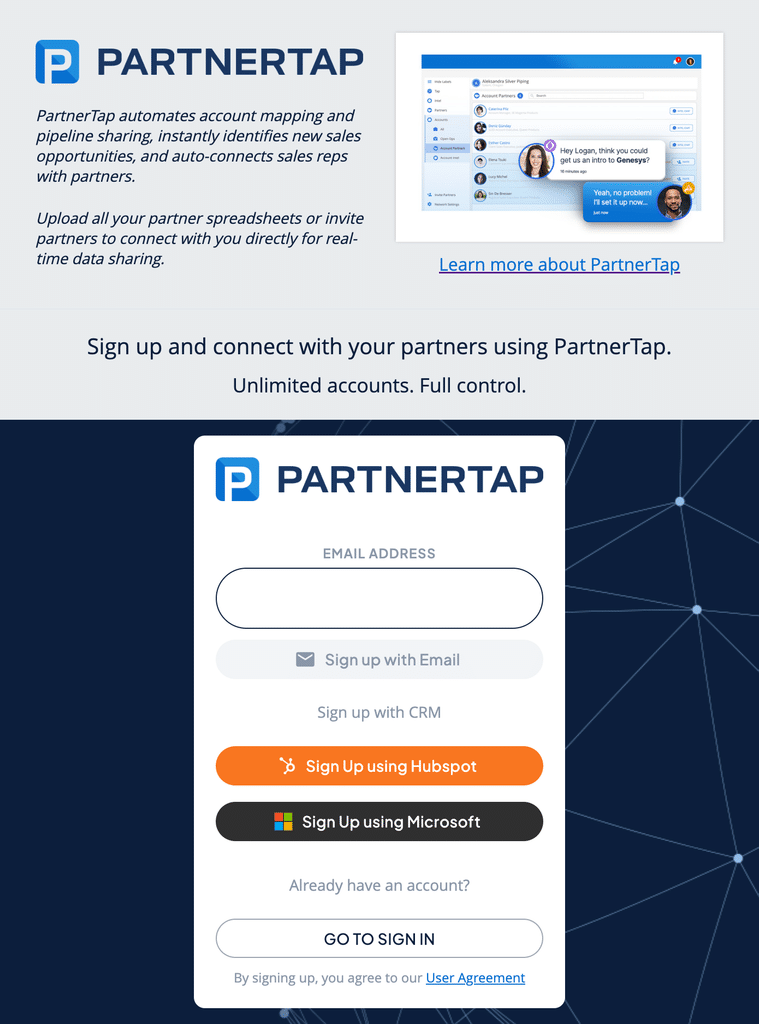 PartnerTap sign-up screen showing Sign Up with Email and CRM SSO options