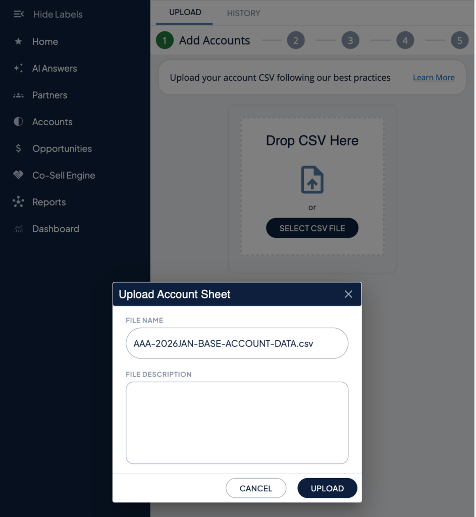 PartnerTap Add Accounts upload screen with a .csv file ready to drop