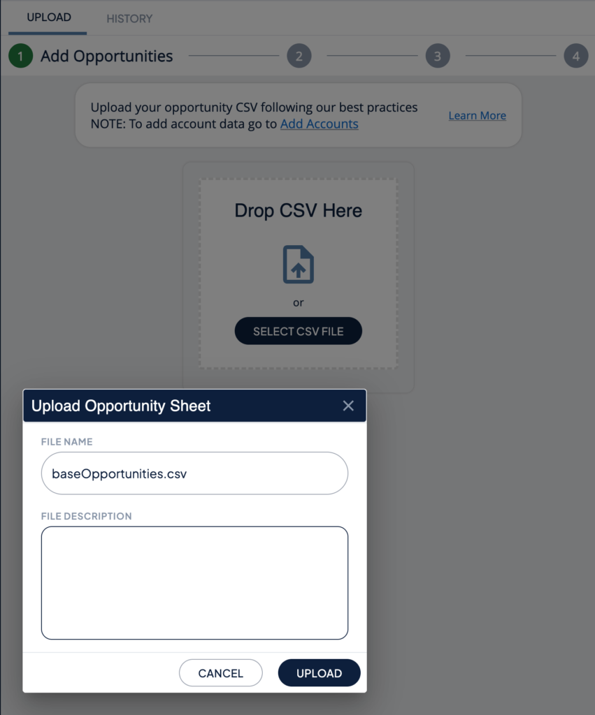 PartnerTap Add Opportunities upload screen with a .csv file ready to drop