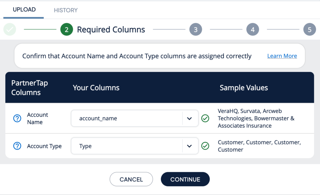 PartnerTap Add Accounts step 2 required column mapping for Account Name and Account Type