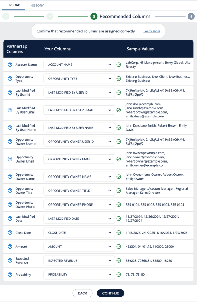 PartnerTap Add Opportunities step 3 recommended column mapping