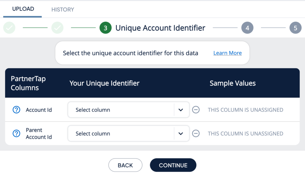 PartnerTap Add Accounts step 3 unique account identifier mapping